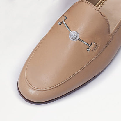 Nude Vegan Leather Flat Loafers with Rhinestone Decor