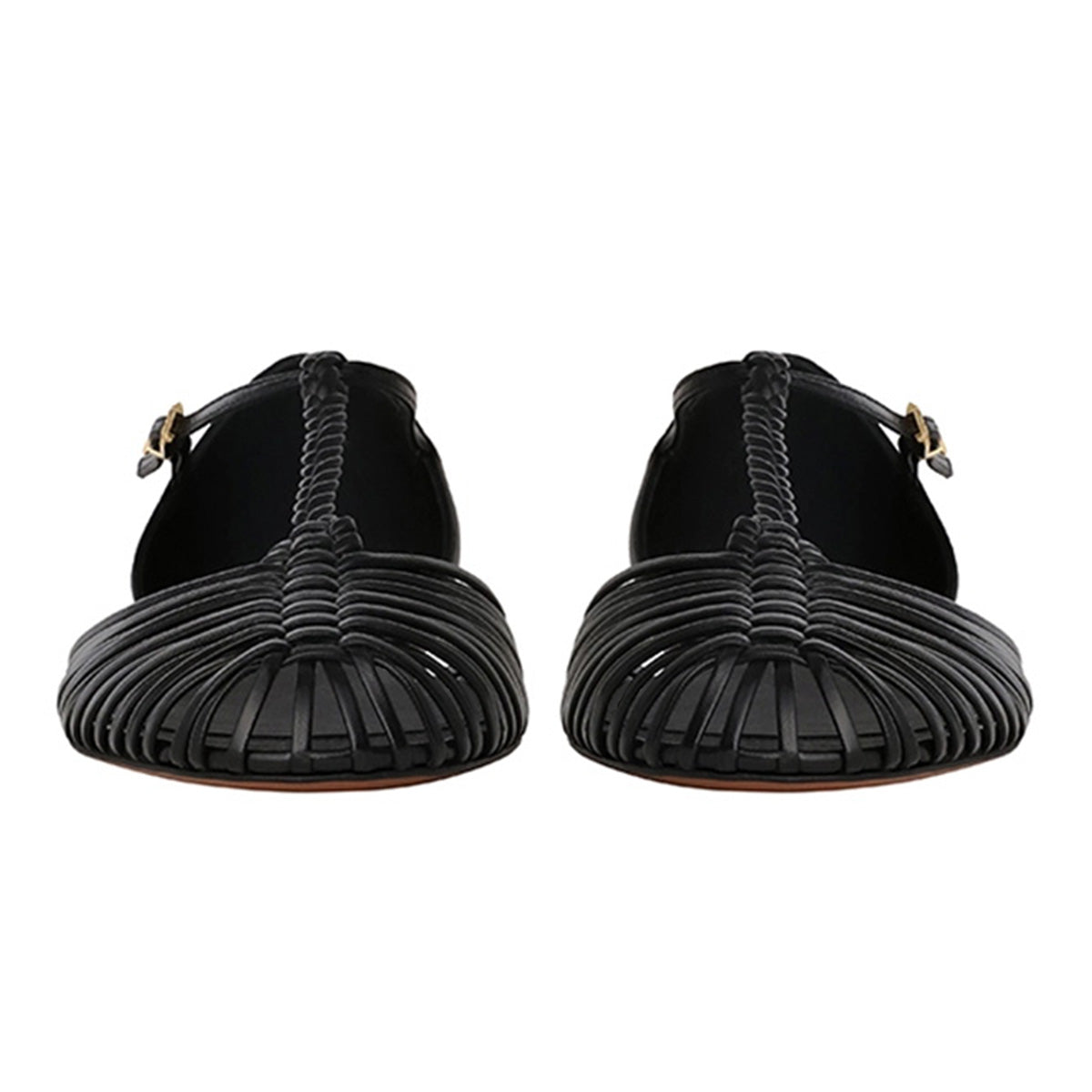 Black Woven T-Strap Caged Flat Sandals for Women with Buckle