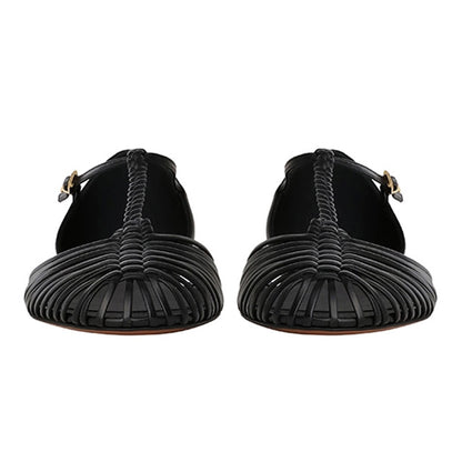 Black Woven T-Strap Caged Flat Sandals for Women with Buckle