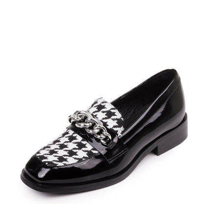 Black Houndstooth Patchwork Chain Decor Classic Women's Loafers