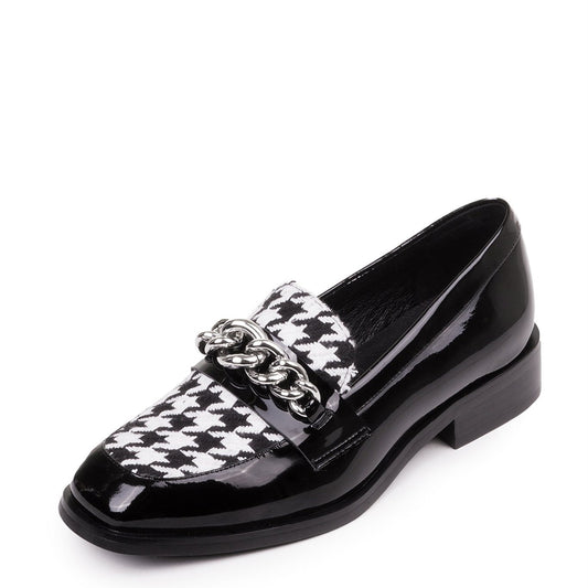 Black Houndstooth Patchwork Chain Decor Classic Women's Loafers