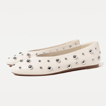 Women's Fashion Ivory Round Toe Stud Embellished Ballet Flats