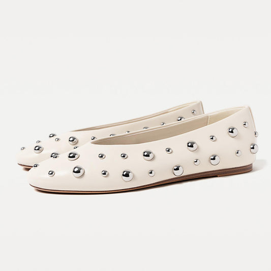 Women's Fashion Ivory Round Toe Stud Embellished Ballet Flats