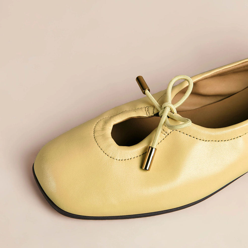 Yellow Square Toe Lace Up Bow Comfortable Ballet Flats
