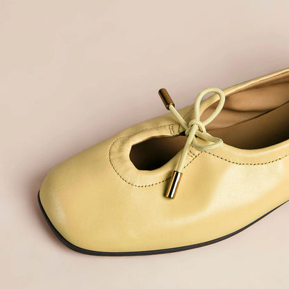 Yellow Square Toe Lace Up Bow Comfortable Ballet Flats