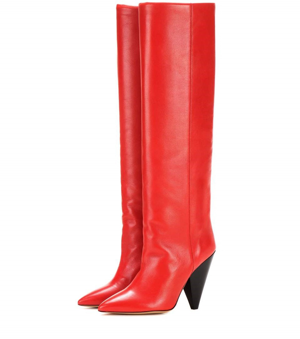 Vintage Red Pointed Toe Cone Heel Knee High Boots for Women