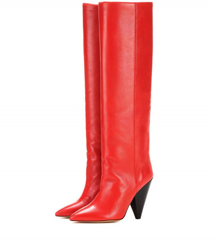 Vintage Red Pointed Toe Cone Heel Knee High Boots for Women