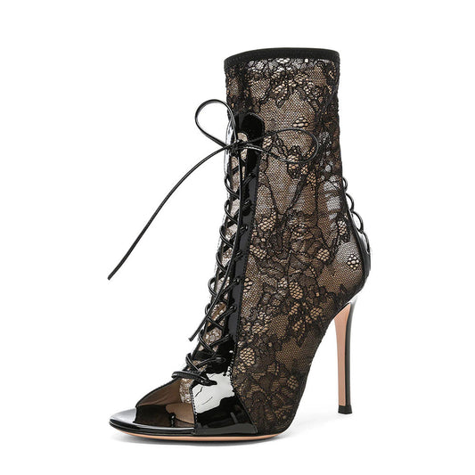 Black Stiletto Heel Booties Peep Toe Lace Up Ankle Boots for Women