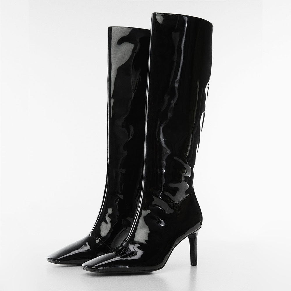 Black Square Toe Stiletto Heel Wide Calf Knee High Boots