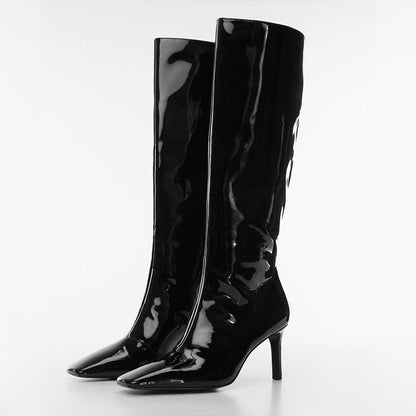 Black Square Toe Stiletto Heel Wide Calf Knee High Boots