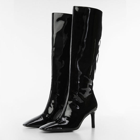 Black Square Toe Stiletto Heel Wide Calf Knee High Boots