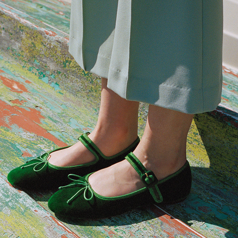 Green Velvet Vintage Shoes Round Toe Women's Mary Jane Flats with Bow