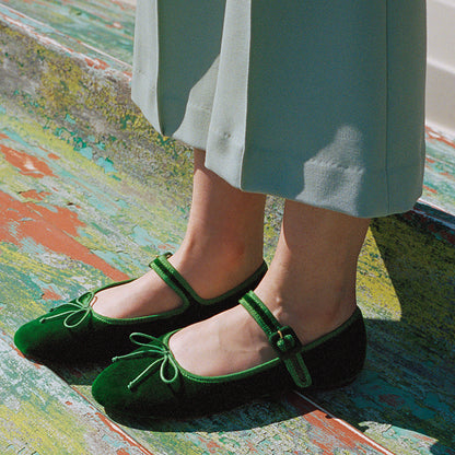 Green Velvet Vintage Shoes Round Toe Women's Mary Jane Flats with Bow