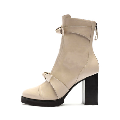 Women's Round Toe Double Knotted Block Heel Ankle Boots with Zip