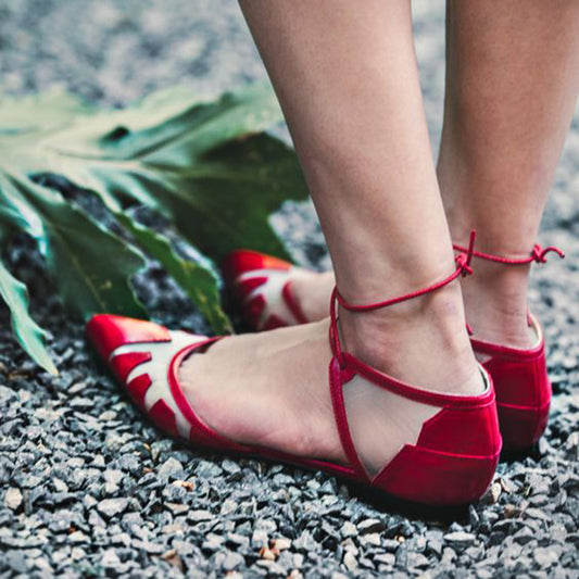 Red Pointed Toe Women's Shoes Stylish Patchwork Ankle Strap Flats