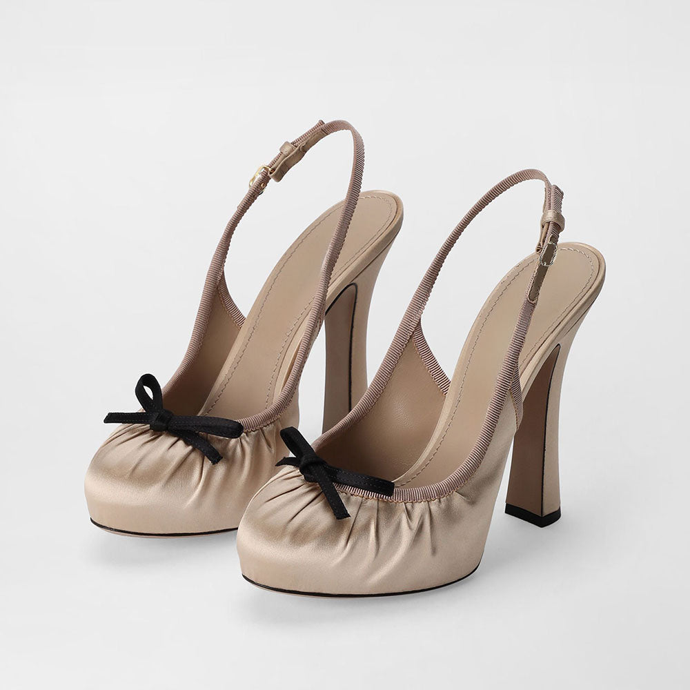 Beige Satin Pleated Chunky Heel Bow Slingback Pumps with Platform