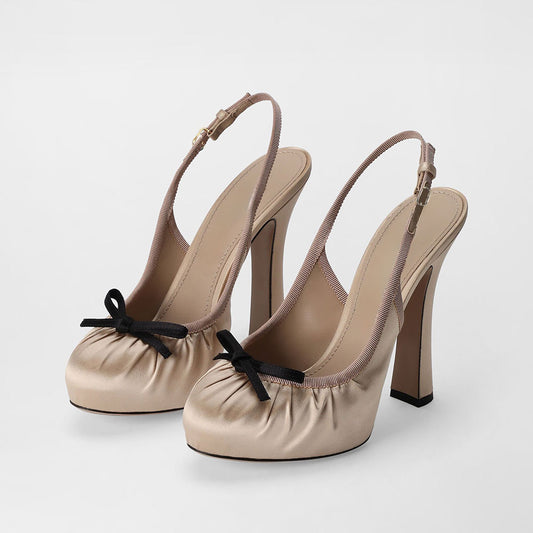 Beige Satin Pleated Chunky Heel Bow Slingback Pumps with Platform