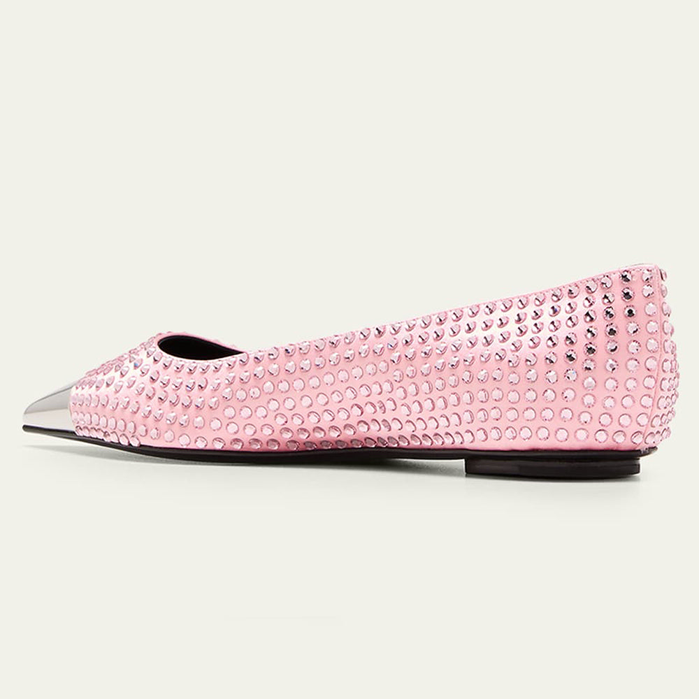 Pink & Silver Pointy Toe Cap Detailing Rhinestone Embellished Flats