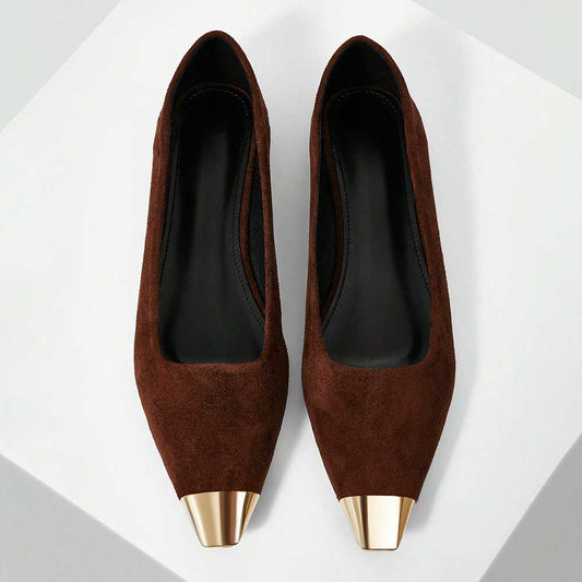 Women's Elegant Vegan Suede Metallic Square Toe Flats in Brown