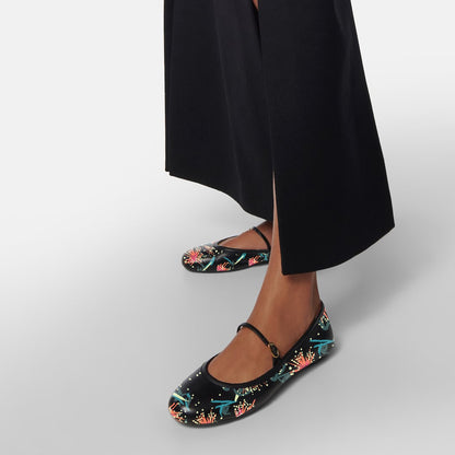 Black Vegan Leather Floral Print Round Toe Buckle Strap Flats