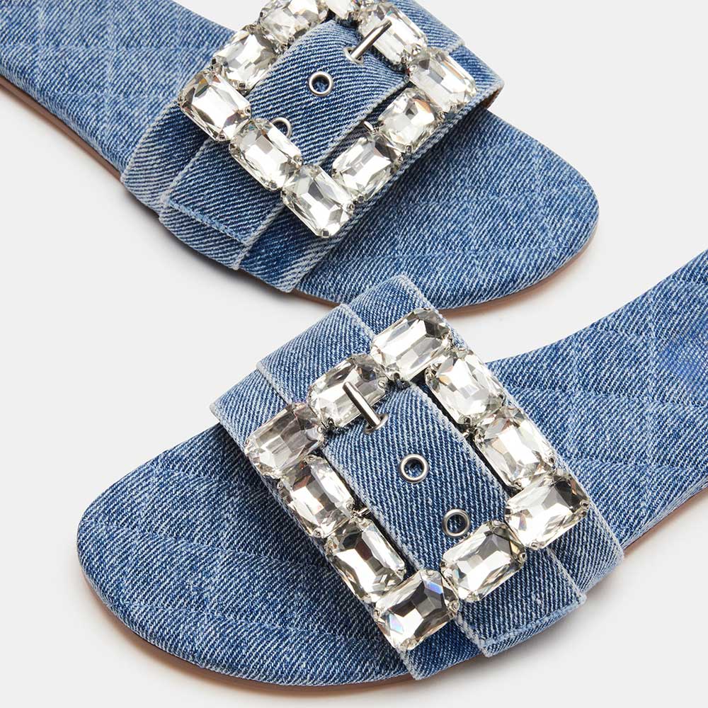 Women's Denim Square Toe Rhinestone Embellished Buckle Flat Slippers