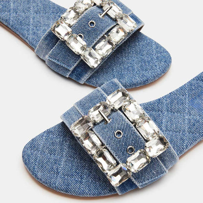 Women's Denim Square Toe Rhinestone Embellished Buckle Flat Slippers