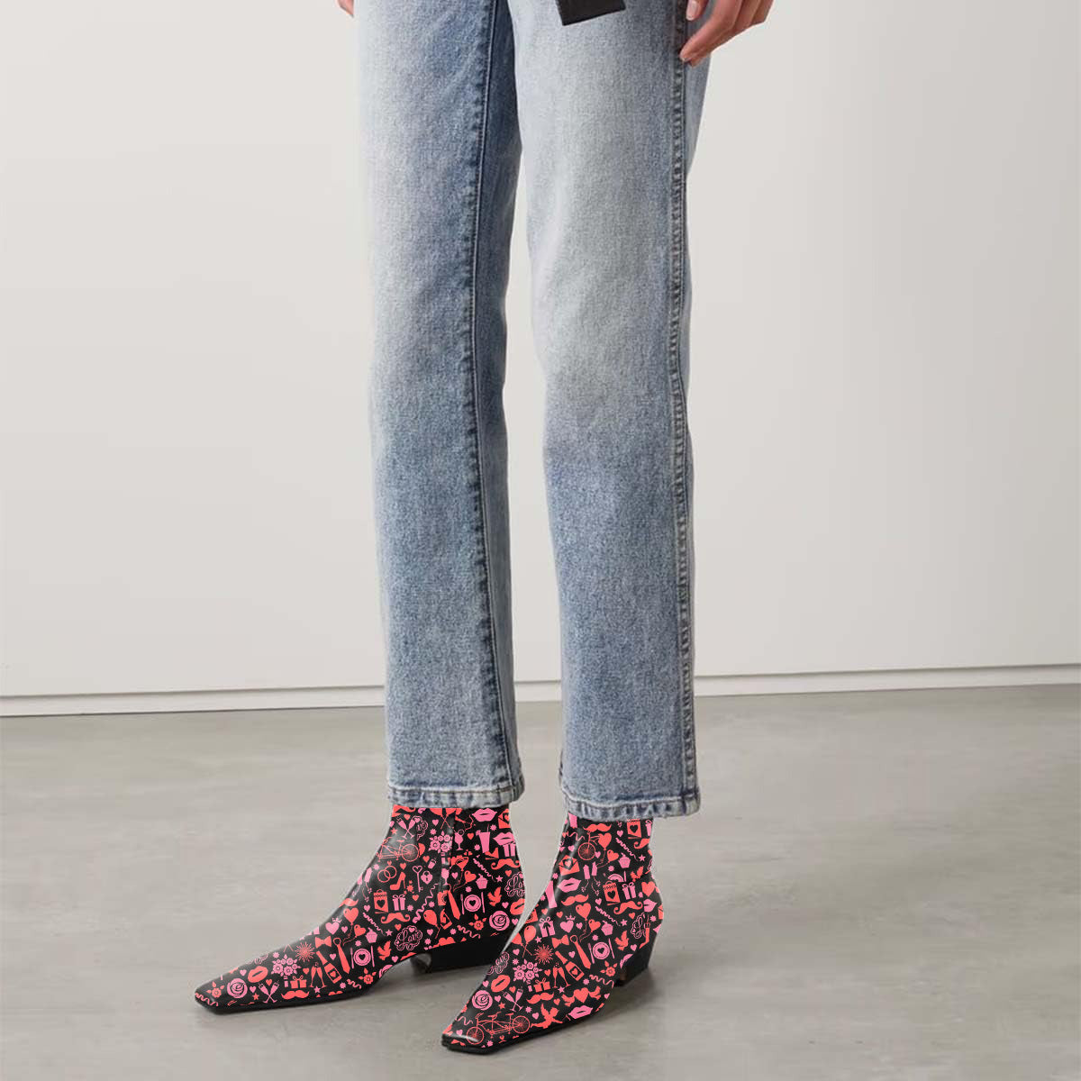 Black & Pink Decorative Printed Square Toe Ankle Boots with Zipper