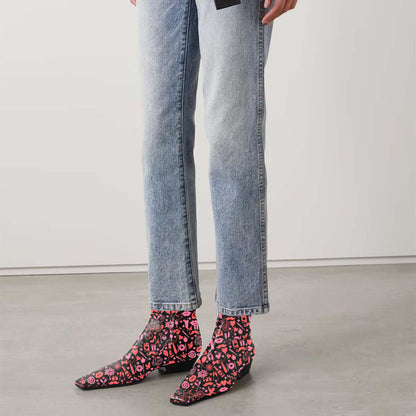 Black & Pink Decorative Printed Square Toe Ankle Boots with Zipper