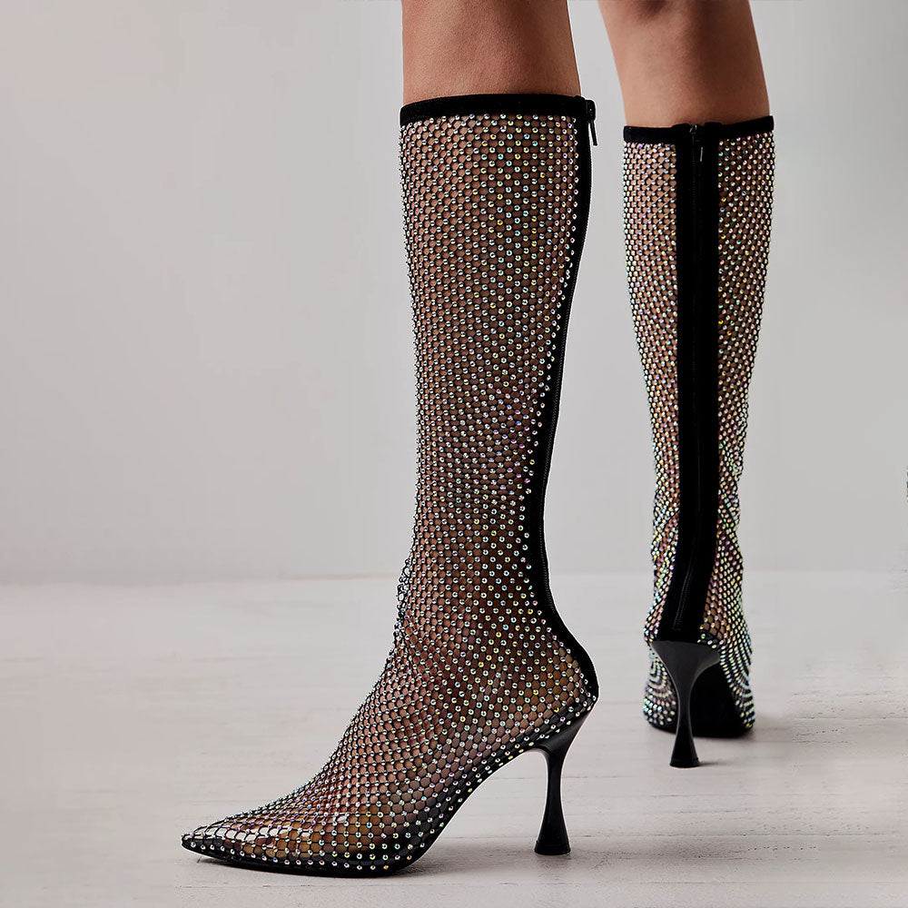Black Fishnet Rhinestone Pointed Toe Spool Heel Zipper Knee High Boots