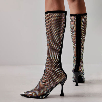 Black Fishnet Rhinestone Pointed Toe Spool Heel Zipper Knee High Boots