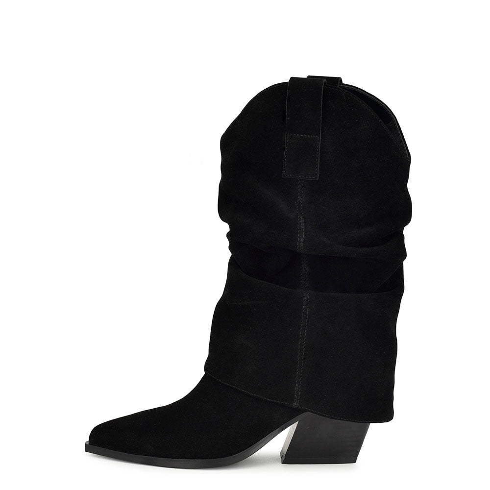 Black Faux Suede Closed Toe Chunky Heel Fold Over Knee High Boots