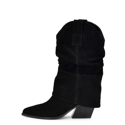 Black Faux Suede Closed Toe Chunky Heel Fold Over Knee High Boots