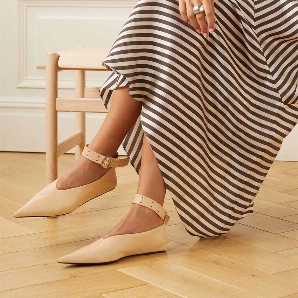 Nude Comfortable Pointed Toe Ankle Strap Flats for Women
