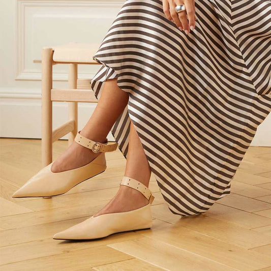 Nude Comfortable Pointed Toe Ankle Strap Flats for Women