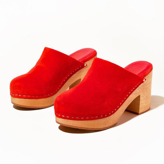 Vintage Red Vegan Suede Platform Mules Round Toe Heeled Clogs Shoes