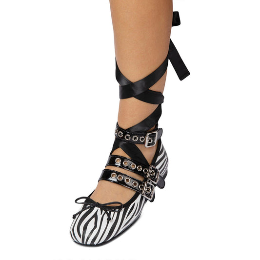 Black & White Zebra Round Toe Strappy Lace Up Ballet Flats with Bow