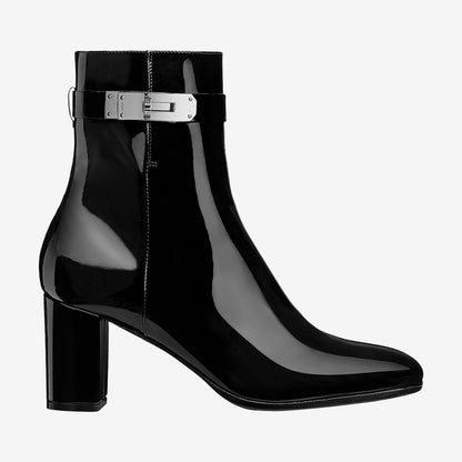 Black Patent Leather Chunky Heel Booties Round Toe Lock Ankle Boots