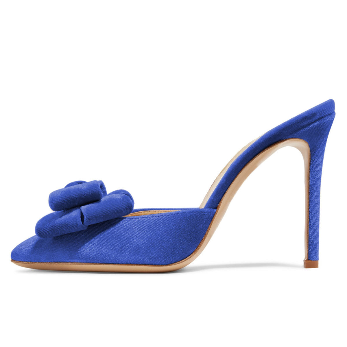 Women's Blue Velvet Bow Stiletto Heel Mules Shoes