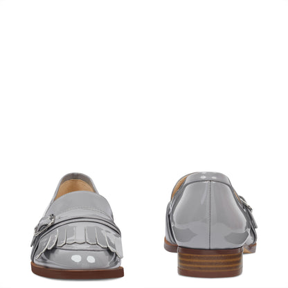Gray Patent Leather Closed-Toe Fringe Women's Loafers with Buckle