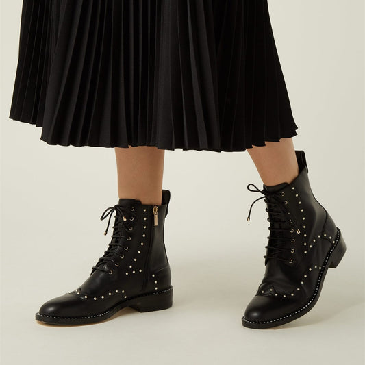 Black Wingtip Pearls Studded Low Heel Lace Up Ankle Boots for Women