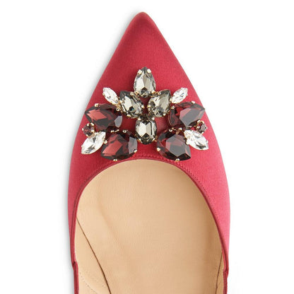 Women's Red Satin Rhinestone Stiletto Heels Pointed Toe Pumps