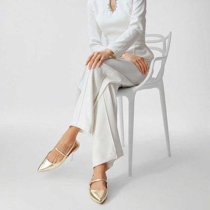 Gold Metallic Shoes Pointed Toe Slingback Flats with Elastic Strap