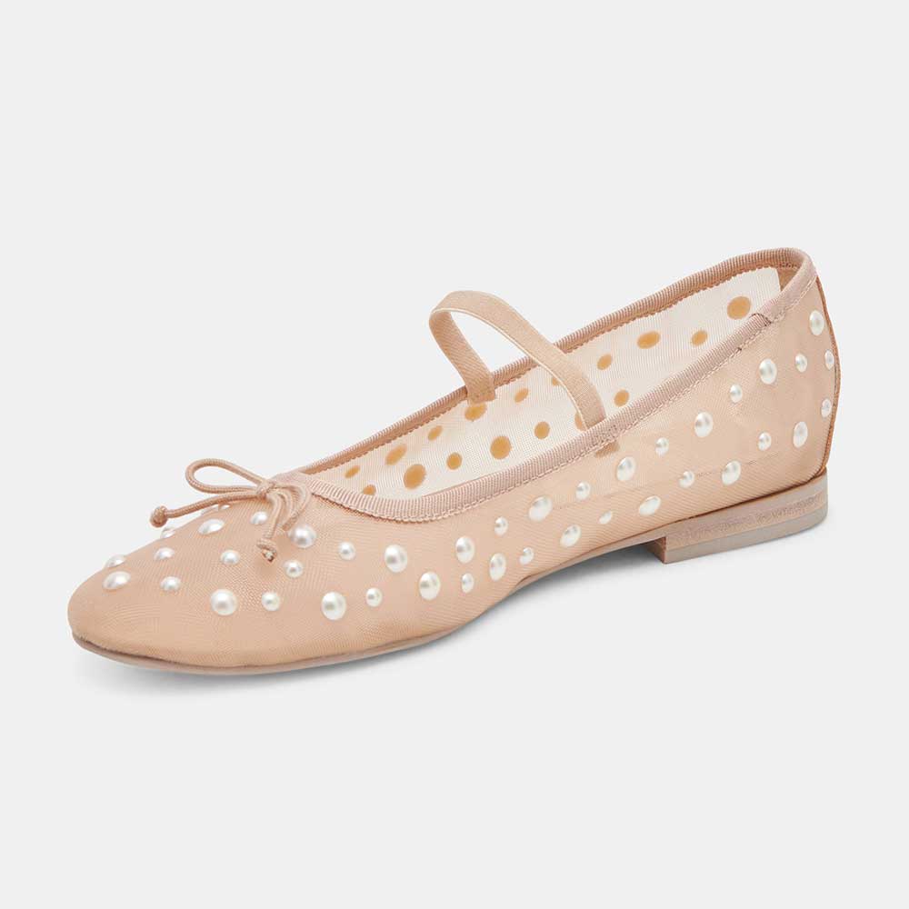 Nude Round Toe Bow Decor Mesh Flats with Pearl Embellished