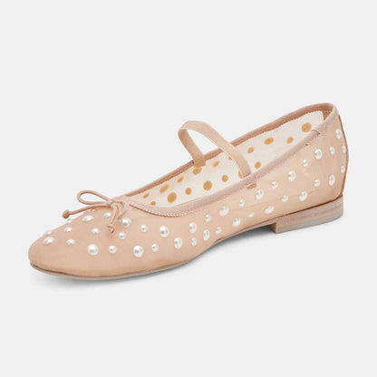 Nude Round Toe Bow Decor Mesh Flats with Pearl Embellished