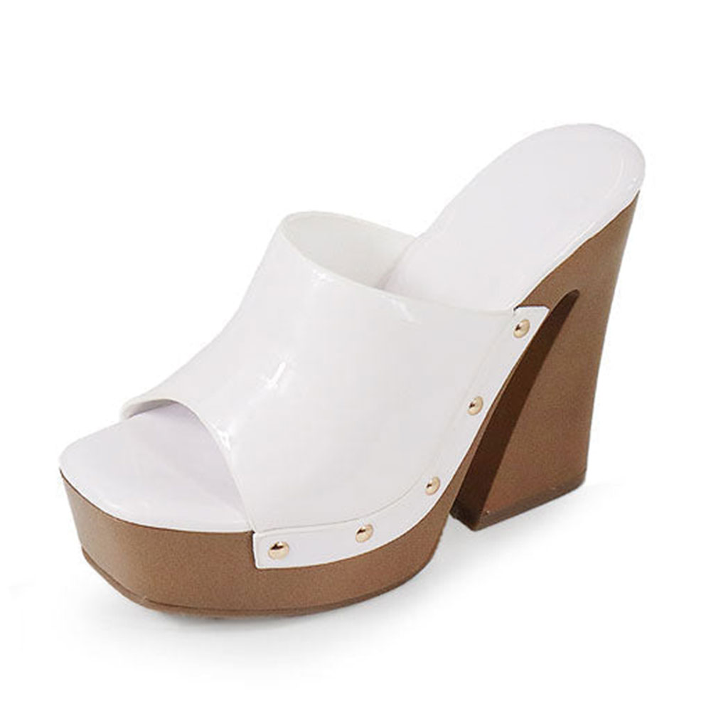 White Patent Leather Open Toe Clog Heels Studded Platform Mules Shoes