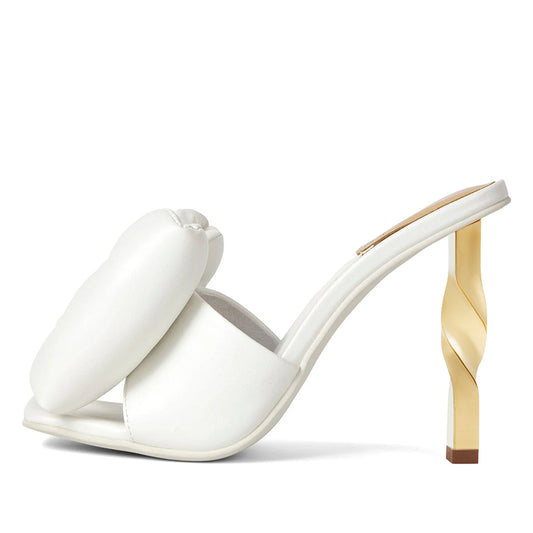 White Open Toe 4'' Decorative Heel Mules with Bow