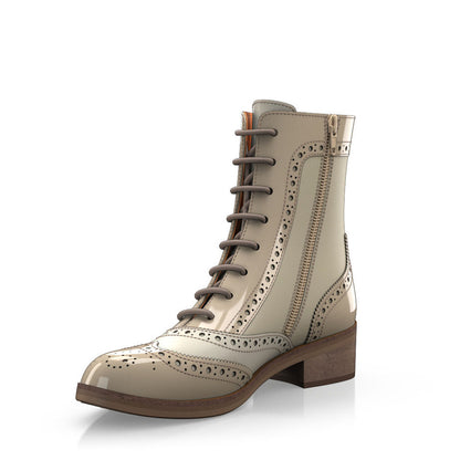 Beige Round Toe Block Heel Lace Up Ankle Booties for Women