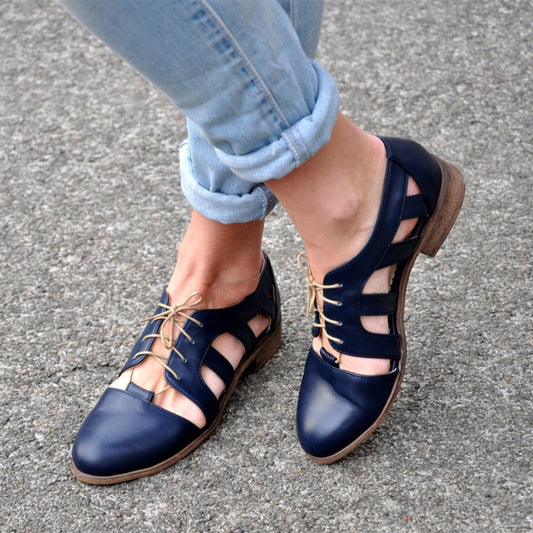 Navy Round Toe Cut Out Lace Up Comfortable Flat Shoes Women
