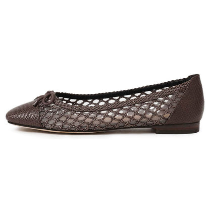 Dark Brown Woven Square Toe Bow Decor Cut-Out Flat Shoes for Women