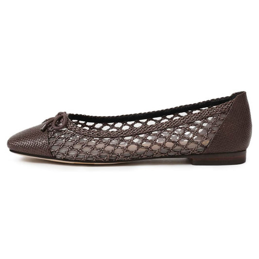 Dark Brown Woven Square Toe Bow Decor Cut-Out Flat Shoes for Women